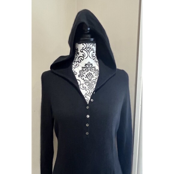 Vintage Henley Hoodie Cashmere Sweater Womens L Kangaroo Pouch Black Y2K Preppy - Picture 3 of 13